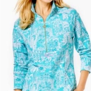 Lilly Pulitzer UPF 50 Skipper Popover, NYC toile  Blue and White zip pullover
